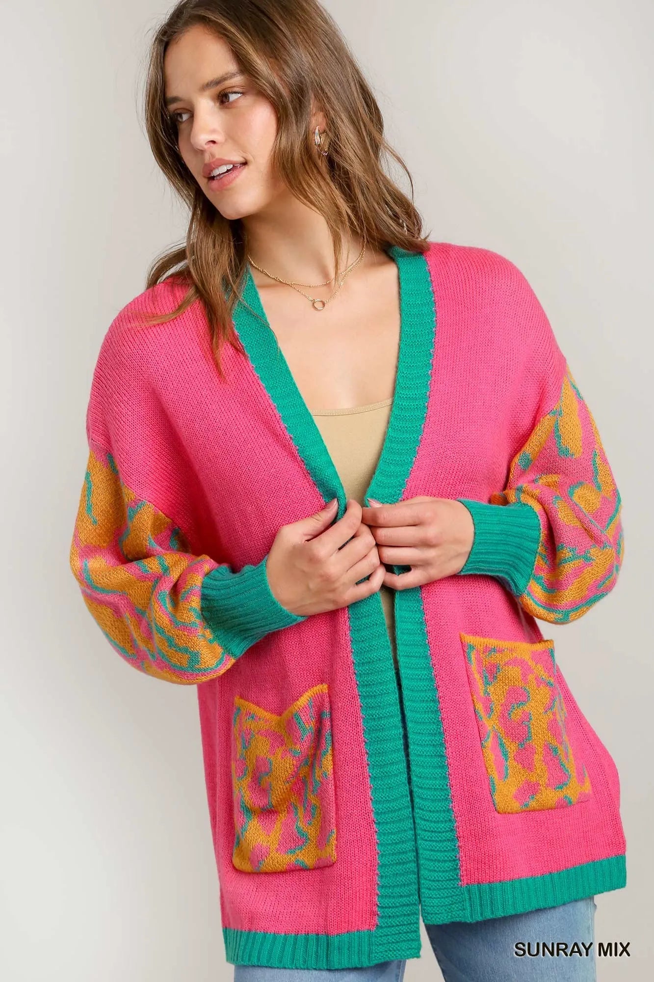 Wild Pattern Open Front Sweater Cardigan