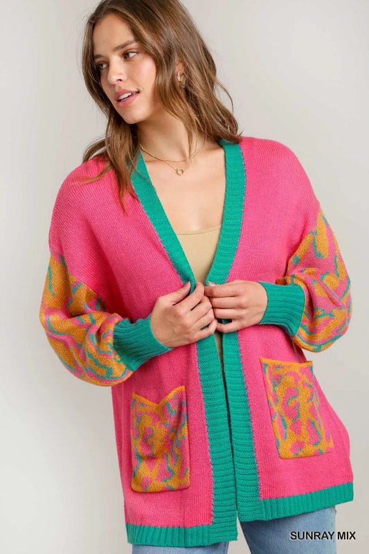 Wild Pattern Open Front Sweater Cardigan