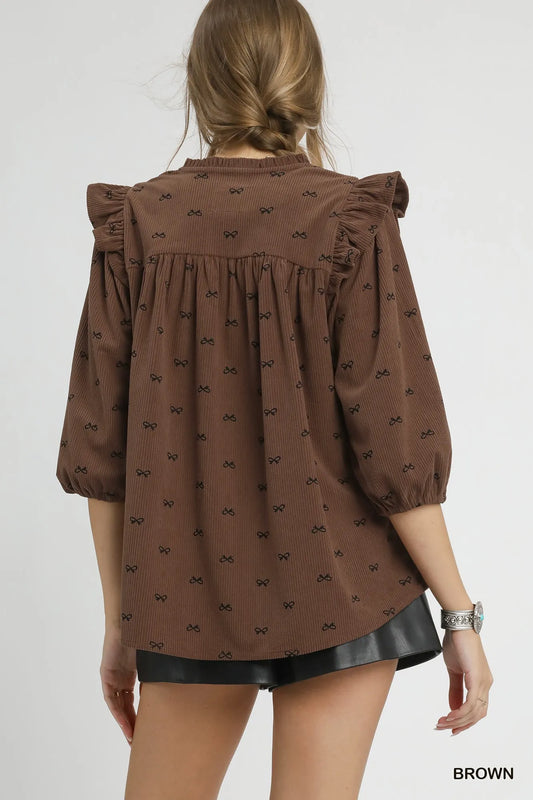 Corduroy Bow Print Blouse with Ruffled Puff Sleeves