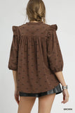 Corduroy Bow Print Blouse with Ruffled Puff Sleeves