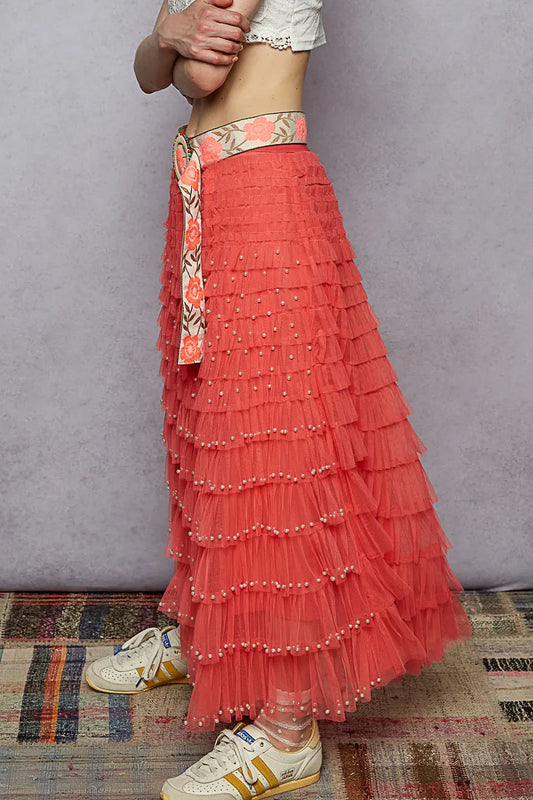 Pearl-Embellished Tiered Ruffle Maxi Skirt