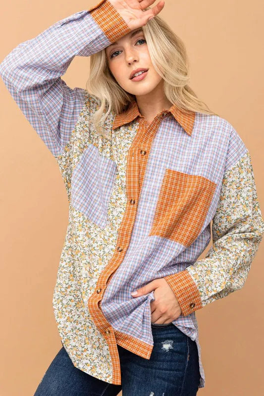 Floral and Plaid Color Block Shirts with Pocket