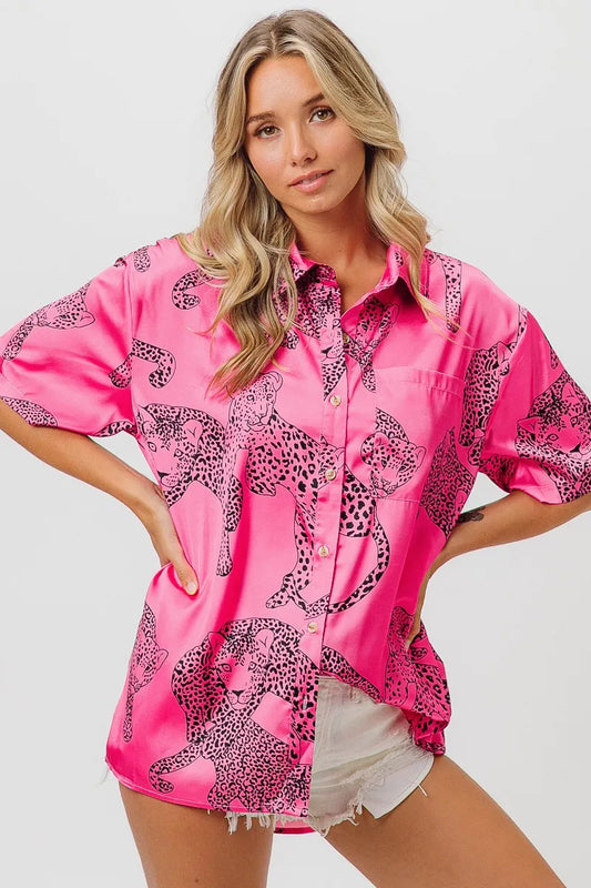 Leopard Print Short Sleeve Silky Satin Shirt Top
