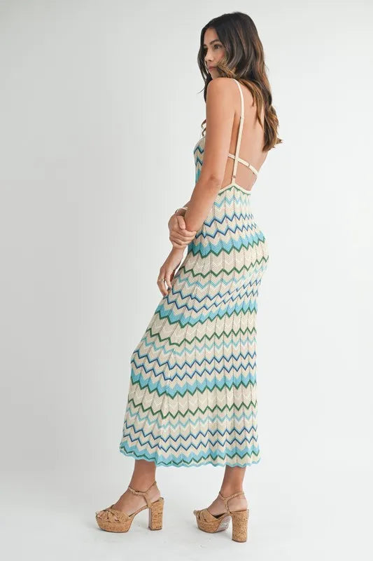 Lightweight Pointelle Chevron Knit Maxi Dress