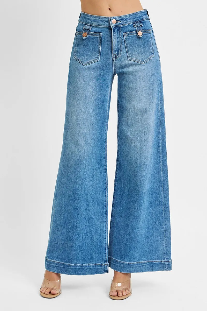 Full Size Mid Rise Wide Leg Front Pocket Denim