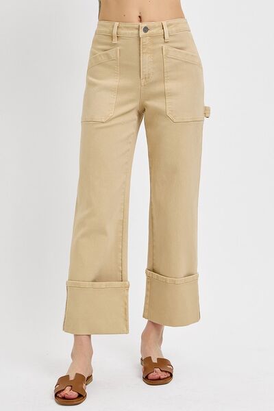 Full Size High Rise Wide Straight Cuffed Patch Jeans Plus Size