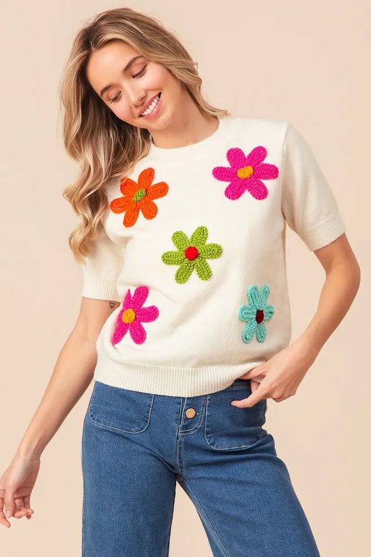 Embroidered Daisy Floral Knit Pullover
