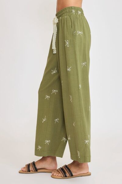 Full Size Lace Drawstring Embroidered Bow Wide Leg Pants Plus Size