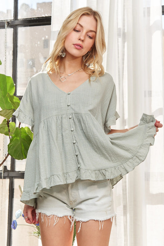 Button Down Ruffled Babydoll Blouse