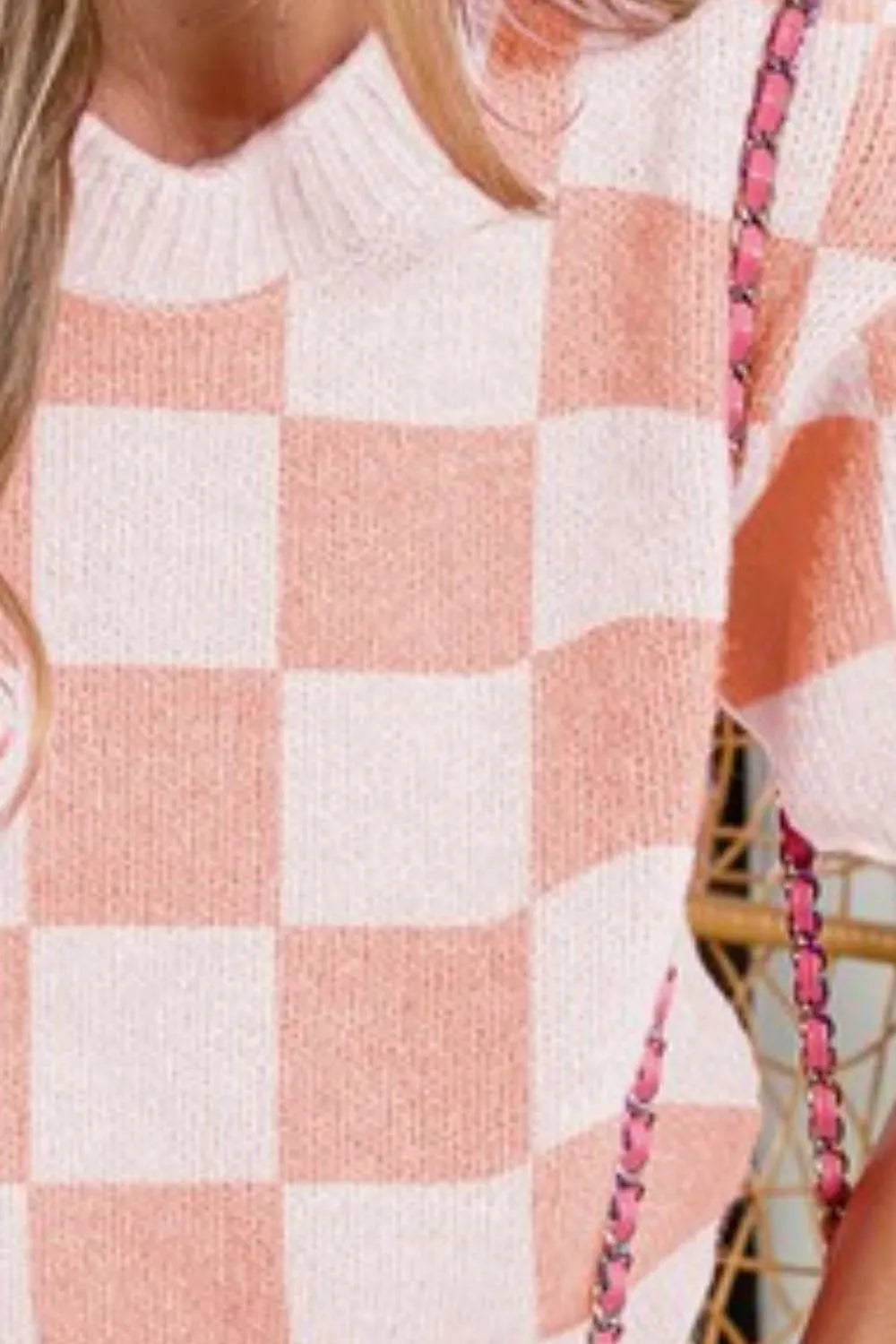 Check Pattern Short Puff Sleeve Sweater Top