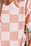 Check Pattern Short Puff Sleeve Sweater Top