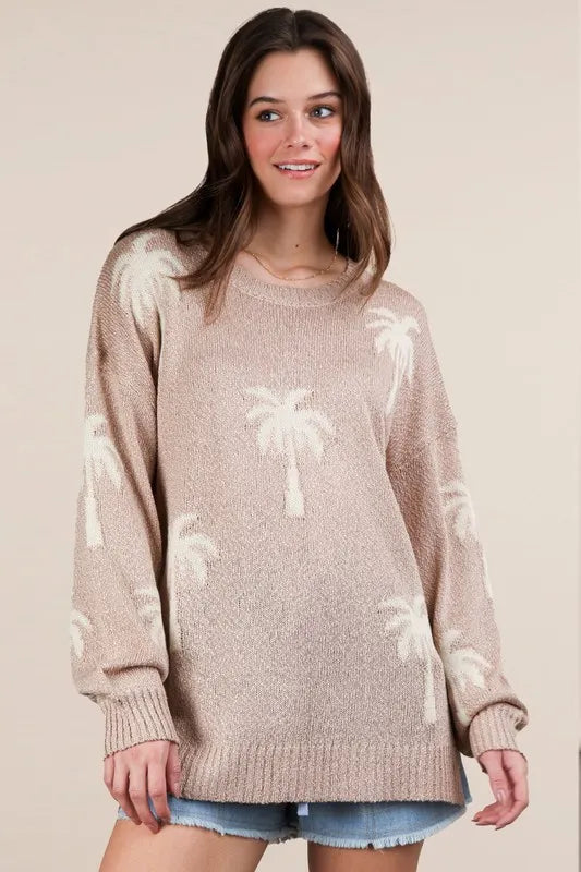 Palm Tree Graphic Oversized Knit Sweater