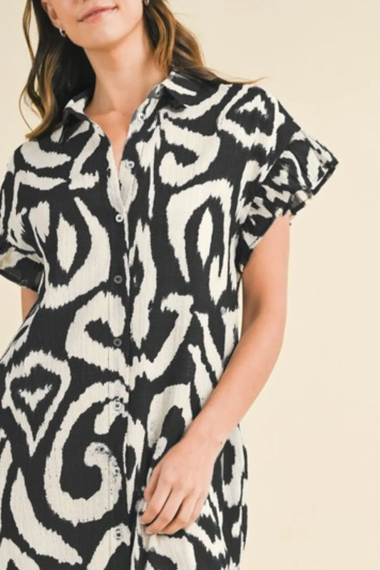 Abstract Printed Frill Sleeve Shirt Mini Dress