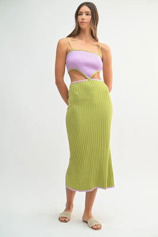 Ribbed Knit Color Block Cutout Midi Dress