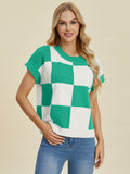 Full Size Checkered Round Neck Short Sleeve Sweater