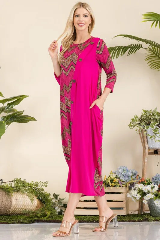 Full Size Geo Print Paneled Dress with Buttons Plus Size
