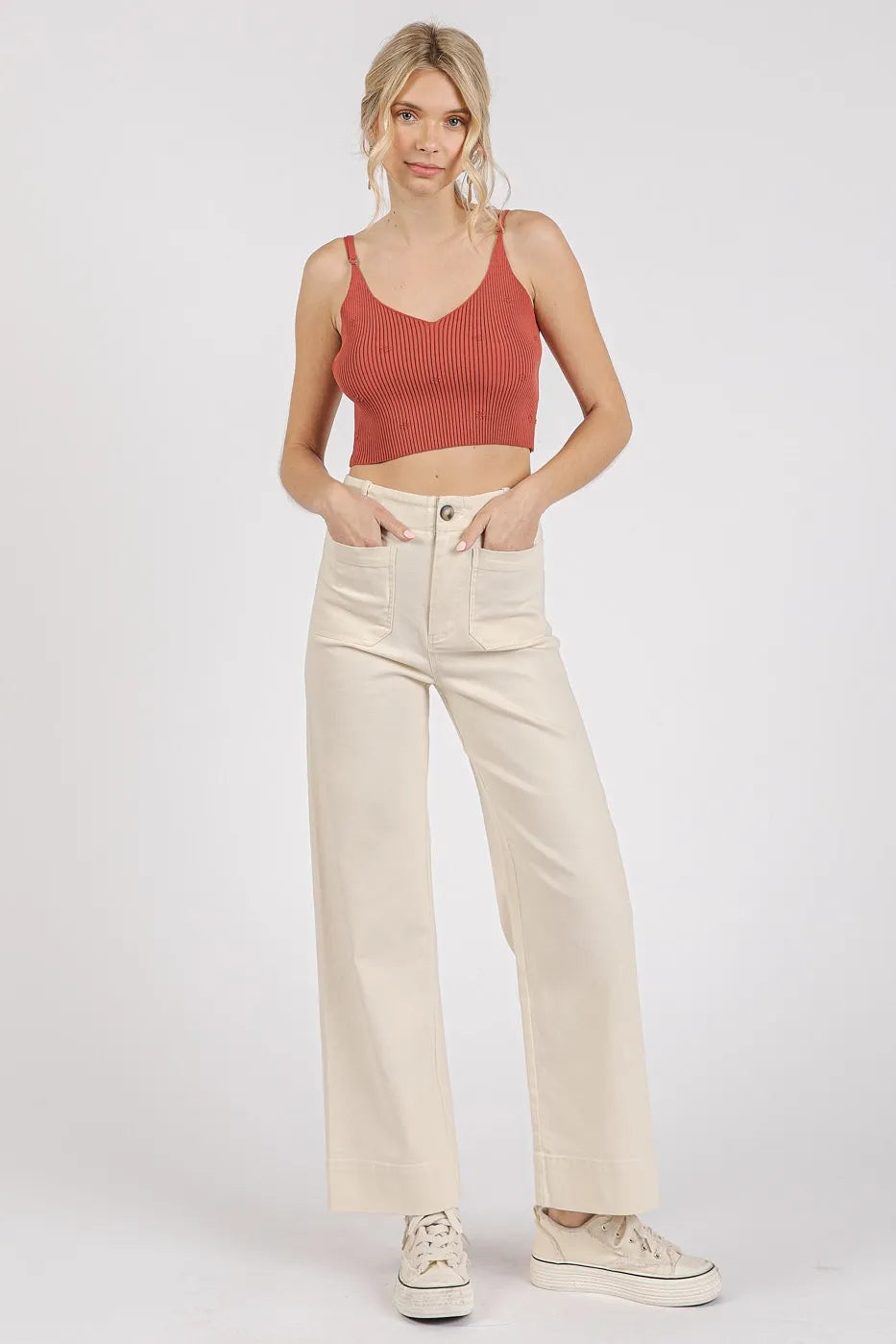 Twill Patch Pocket High Rise Wide Leg Pants