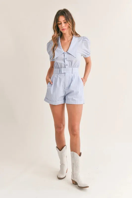 Striped Puff Sleeve Collared Neck Romper