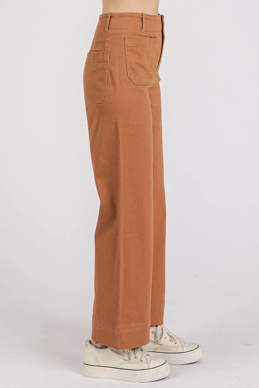Twill Patch Pocket High Rise Wide Leg Pants