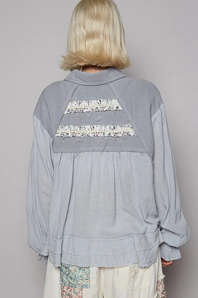 Floral Ruffle Accent Washed Buttoned Shirt Jacket