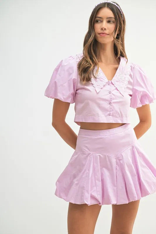 Puff Sleeve Button Down Top and Bubble Skirt Set