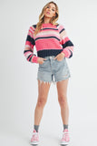 Striped Ribbed Neckline Raglan Sleeve Sweater