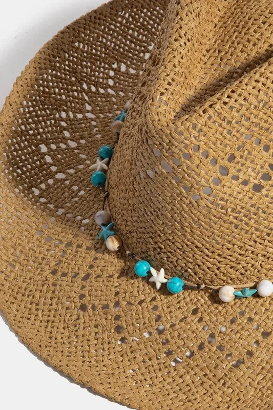 Shell Star Bead-Embellished Boho Western Straw Hat