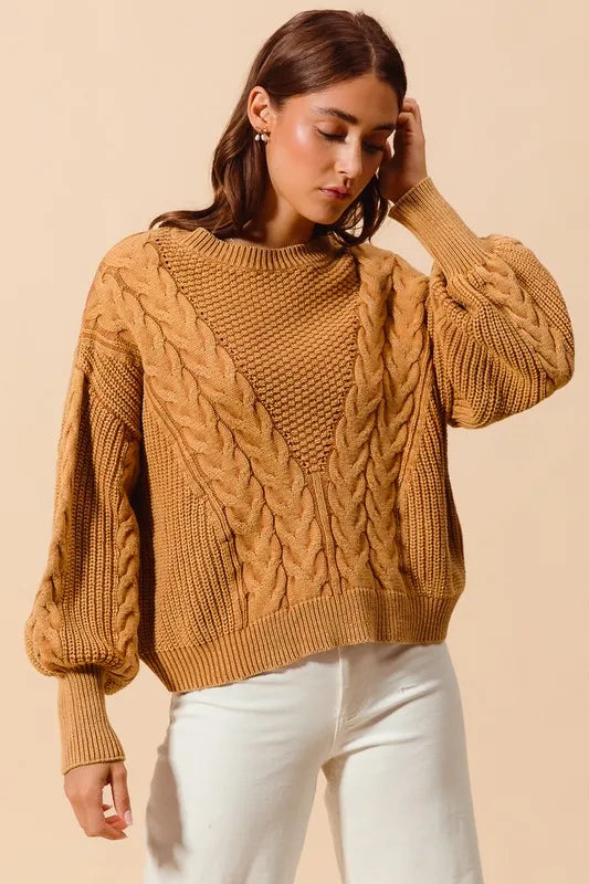 Mineral Washed Loose Fit Textured Cable Sweater