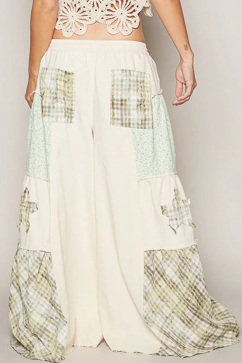 Bohemian Patchwork Drawstring Cargo Wide Leg Pants