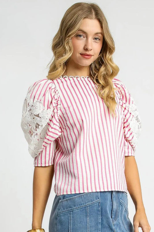 Pink Striped Lace Sleeve Blouse