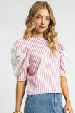 Pink Striped Lace Sleeve Blouse