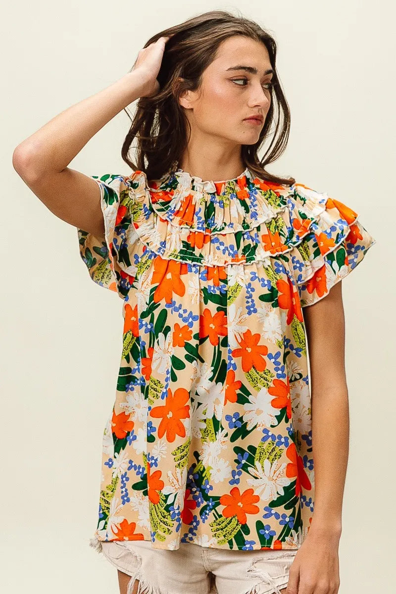 Multi Color Floral Print Woven Top
