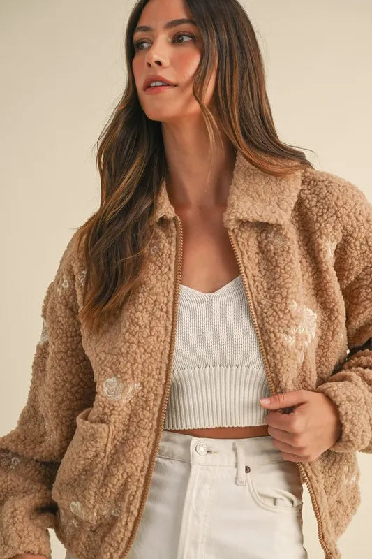 Floral Embroidered Fleece Teddy Jacket