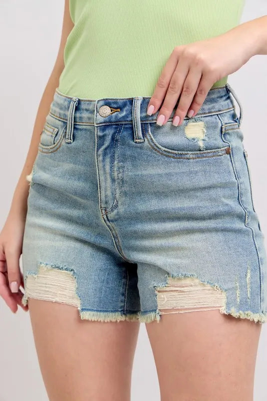 High Rise Washed Fly Stitch Detail and Destroy Denim Shorts