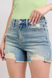 High Rise Washed Fly Stitch Detail and Destroy Denim Shorts
