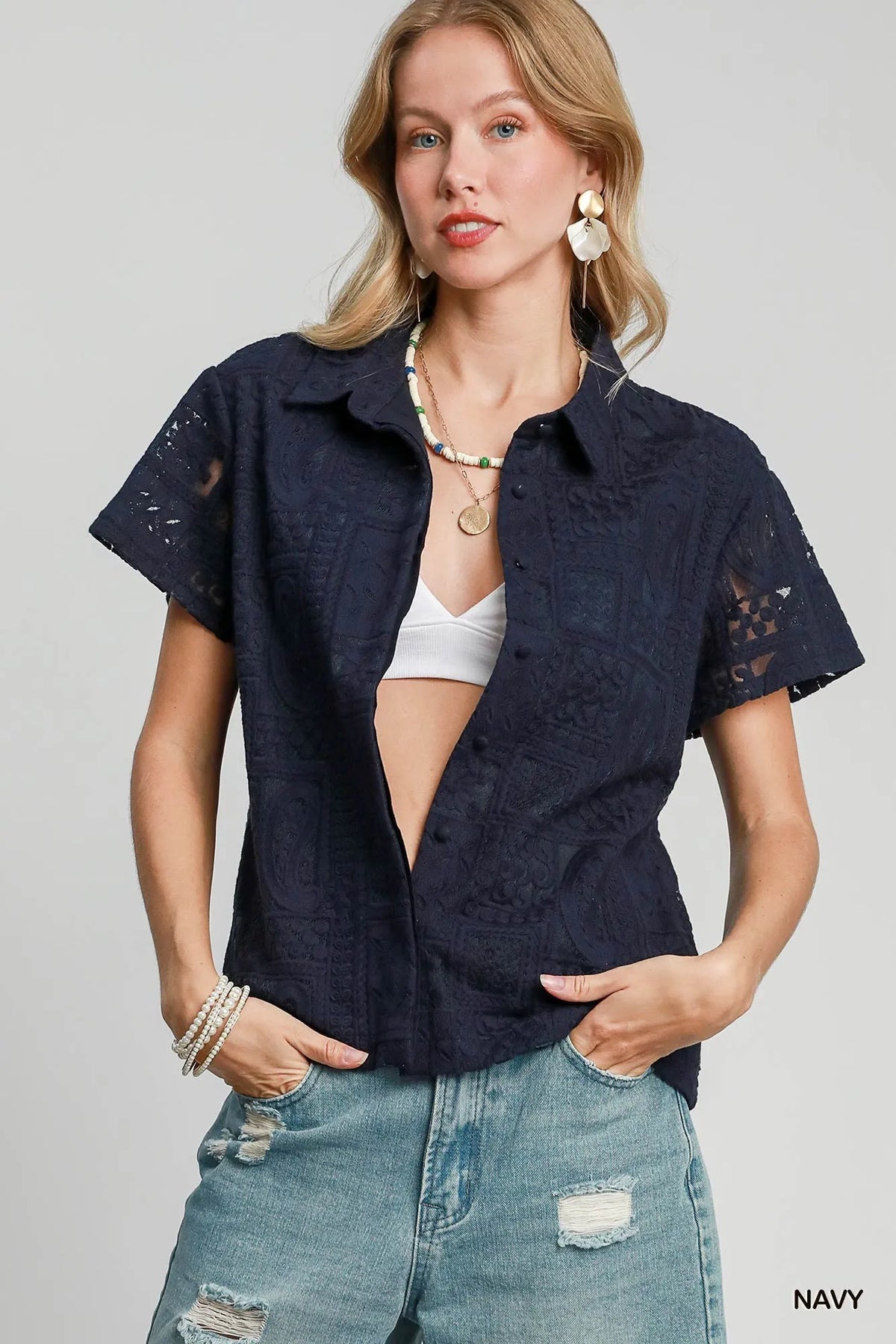 Lace Patch Feminine Short Sleeve Button Down Shirt