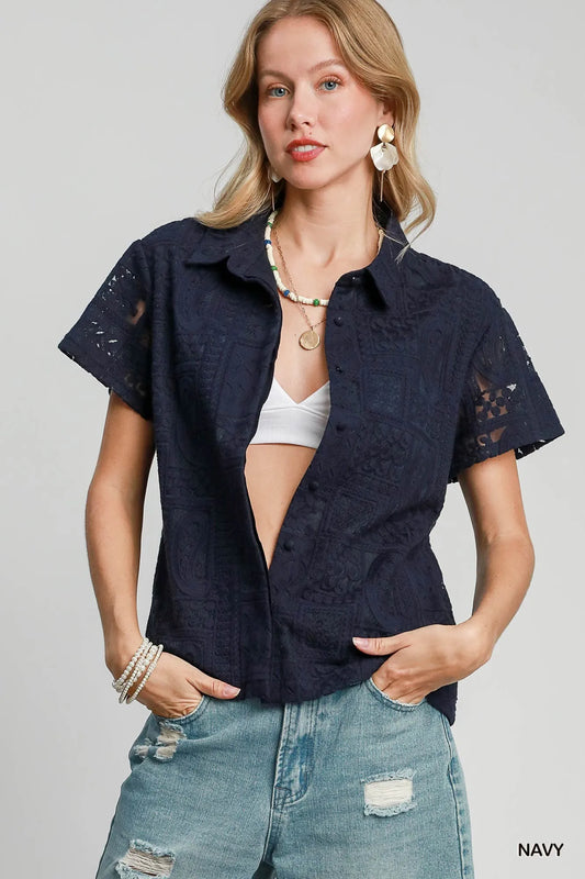 Lace Patch Feminine Short Sleeve Button Down Shirt