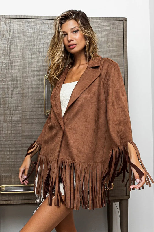 Fringed Hem Suede Blazer with Bohemian Flair