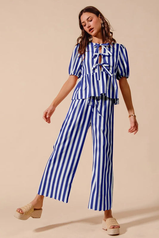 Striped Puff Sleeve Tie Top and Wide Leg Pants Ensemble