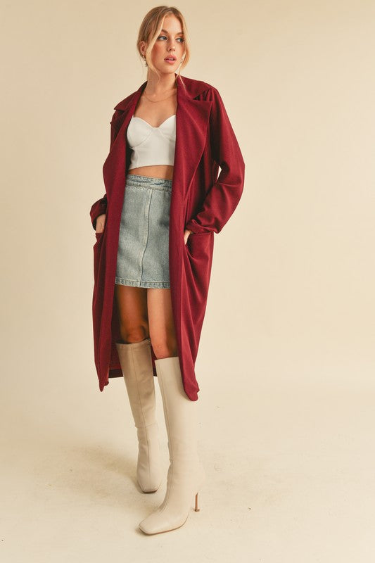Lapel Collar Long Sleeve Longline Coat