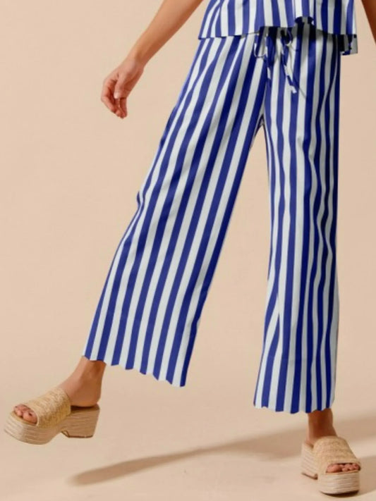 Striped Puff Sleeve Tie Top and Wide Leg Pants Ensemble