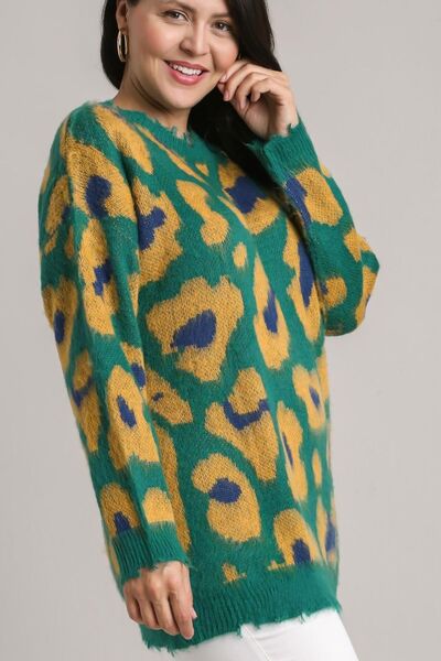 Full Size Leopard Destroyed Rib Band Sweater Plus Size