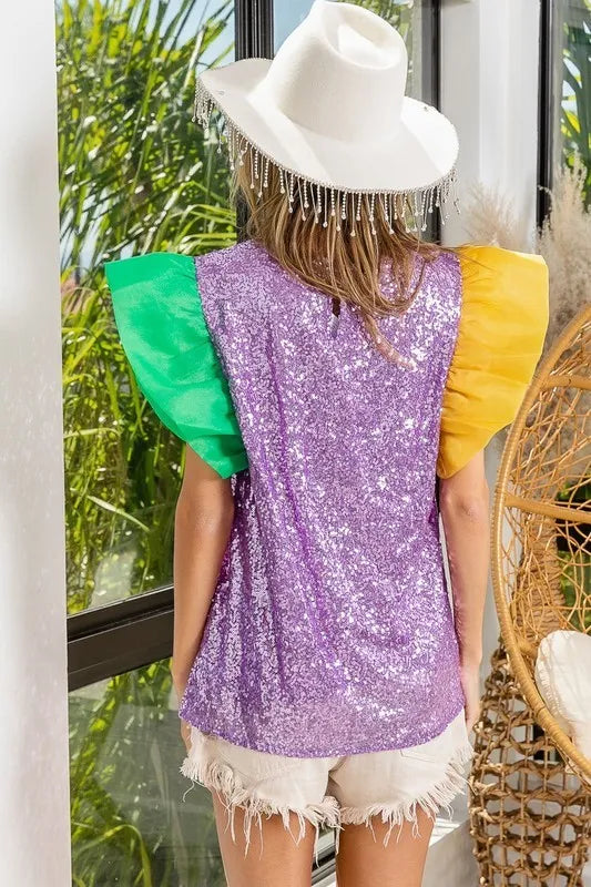 Mardi Gras Color Block Organza Sleeve Sequin Top