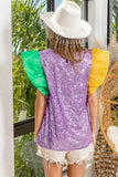 Mardi Gras Color Block Organza Sleeve Sequin Top