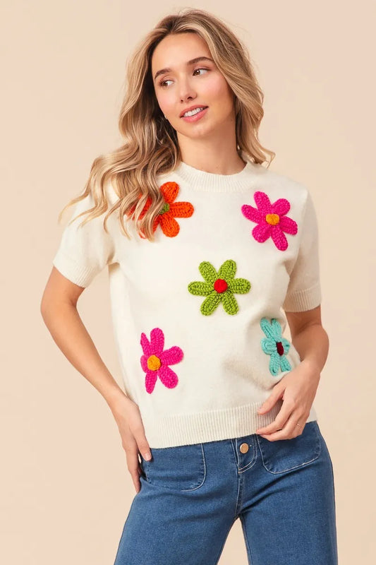 Embroidered Daisy Floral Knit Pullover