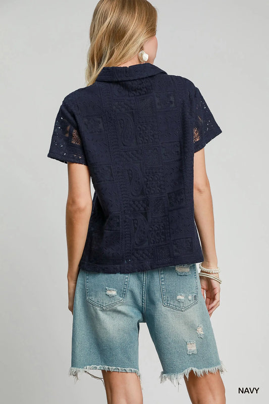 Lace Patch Feminine Short Sleeve Button Down Shirt