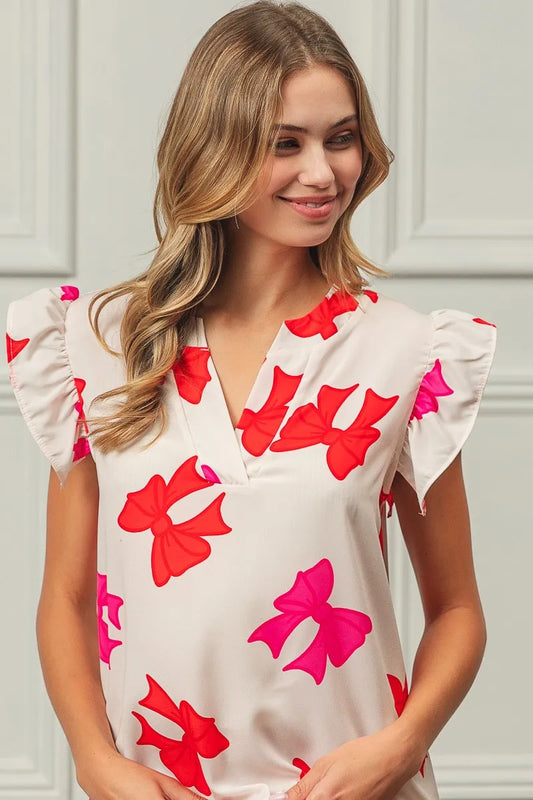 Bow Motif Ruffled Sleeve V-Neck Blouse