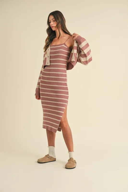 Stripe Crop Cardigan and Bodycon Dress Sweater Set