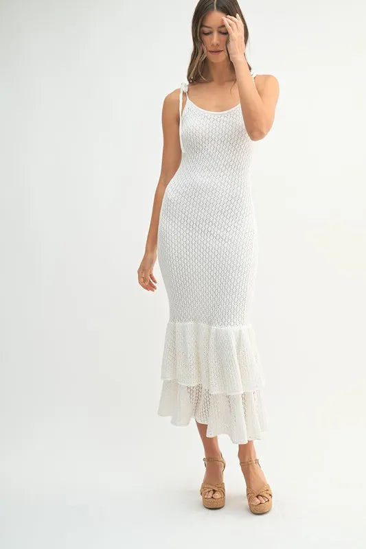 Sleeveless Shoulder Tie Rose Knit Midi Dress