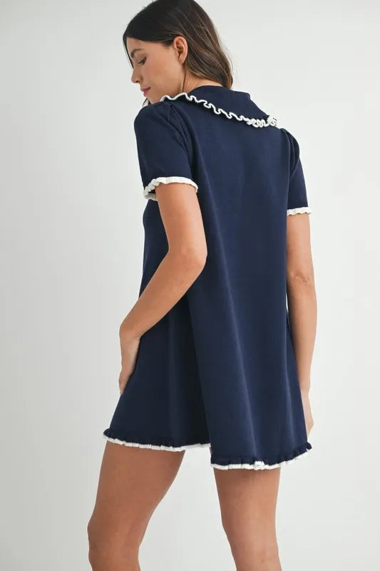 Ruffle Trimmed Collar Fine Knit Mini Dress